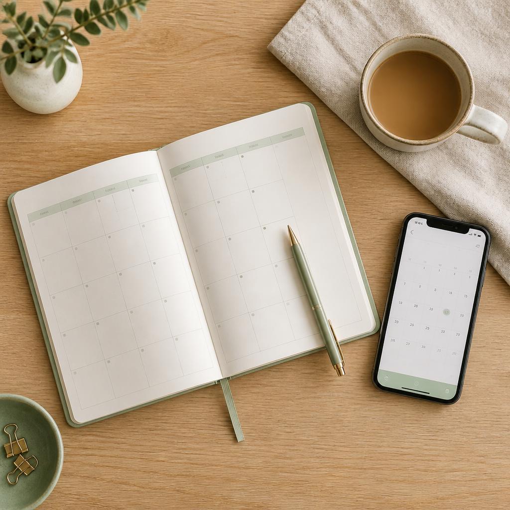 A flat lay of an open paper calendar planner, a pen, a cup of coffee, and a phone showing a calendar