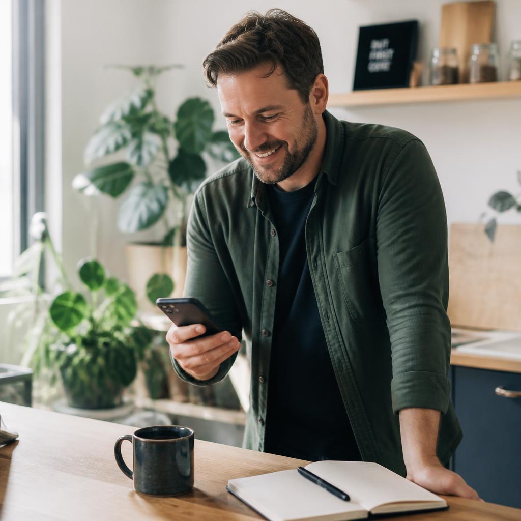 A smiling man checking his phone at a bright kitchen counter with coffee and an open notebook