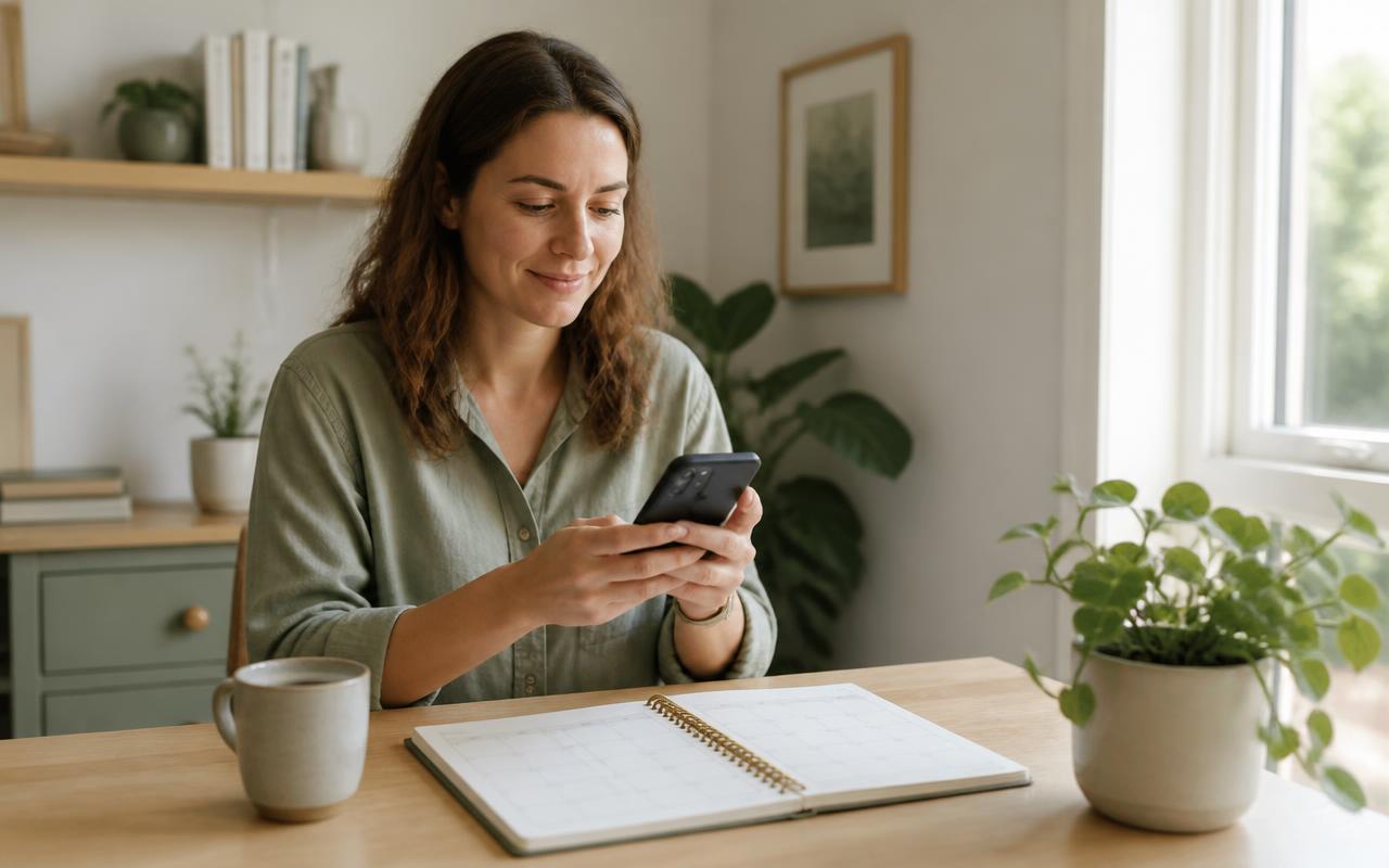 A person at a bright home desk checking their phone next to an open planner and a cup of coffee